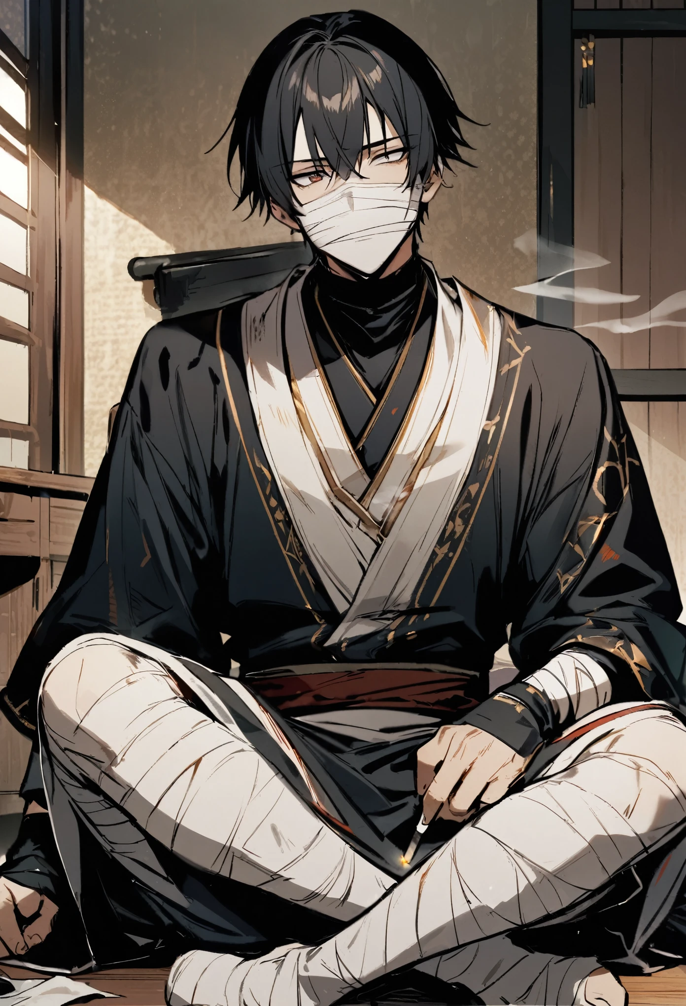 1boy, handosme, black hair, smoking cigarette, sitting in room, bandaged wrists, adhesived bandaged face.