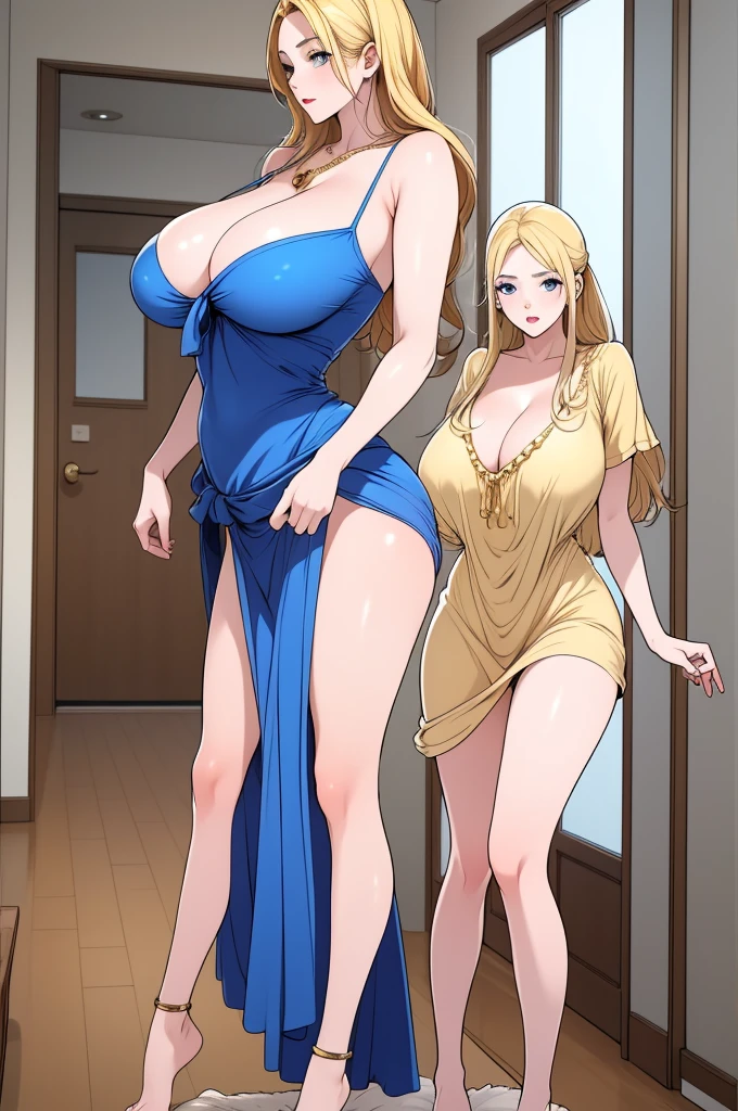 beautiful busty with blonde long hair and blue eyes in a short loose sexy silky revealing brown nightgown, white slippers, gold necklace on the neck, gold anklets on feet, gold chain on the waist, standing straight, hallway in the background, show full body from head to feet.