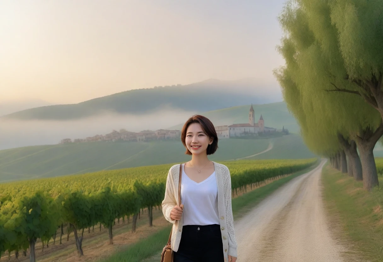 8k best picture quality, Beautiful 36-year-old Korean woman, Chest size 34 inches, northern italy countryside dawn, View of the cathedral next to the vineyards, The back background is realistic and vivid quality., short medium hair, white shirt and cardigan, Wear casual pants, Smile slightly. the background is clear, look up to the side. cottonwood tree-lined hill, Looking at a vineyard covered in thick fog from a curved path