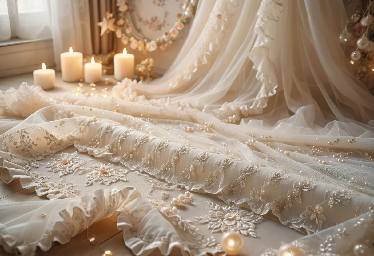 ((background only)),Overhead shot,(((masterpiece))), (((Highest quality))), ((Super detailed)), ((非常にdelicateで美しい)), (最高masterpiece:1.4),delicate,8k,((Arrange the square shaped fabric all over:1.5)),((A wall of frills:1.5))((Beautiful layered tulle wallpaper:1.5))((Generate cloth only:1.4)),(Zooming in on the tulle fabric that fills the entire screen:1.4)Collage fabric,ghostwhite,A lot of cotton,Fairy tale,ribbon,Pearl ornament,Glitter ornaments,doily,(Shabby chic),Cute atmosphere,Soft atmosphere,Wedding Decorations