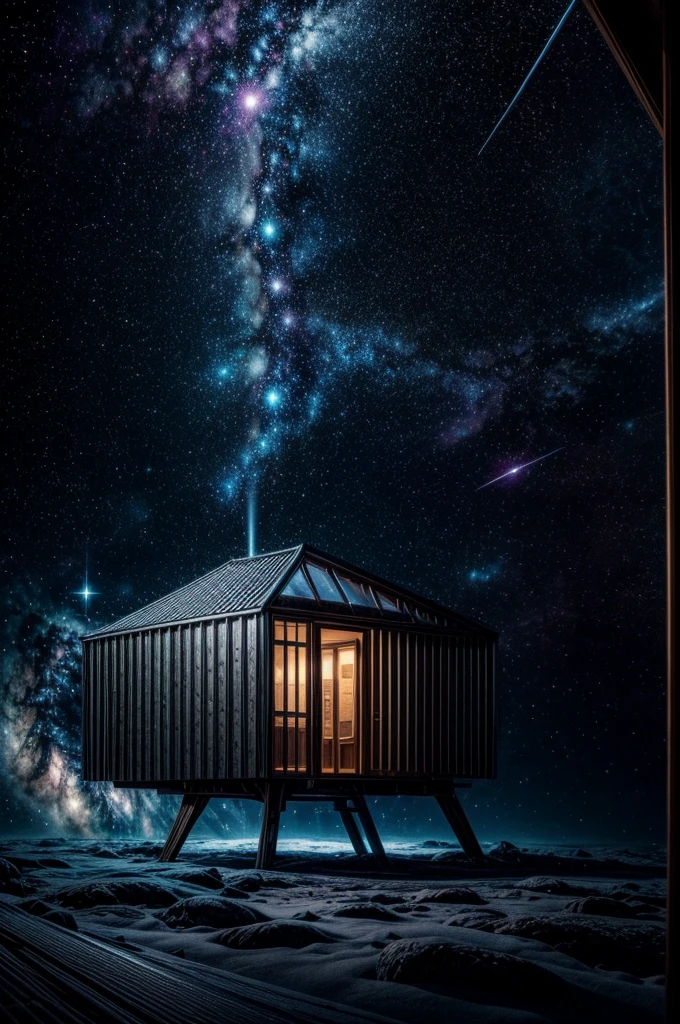 a cabin in space, person floating in starry sky, spiritual projection, spiritual dimension, aura energy, celestial light, universe, detailed interior of cabin, highly detailed, dramatic lighting, glowing aura, photorealistic, cinematic composition, intricate details, vibrant colors, dynamic composition, hyper detailed