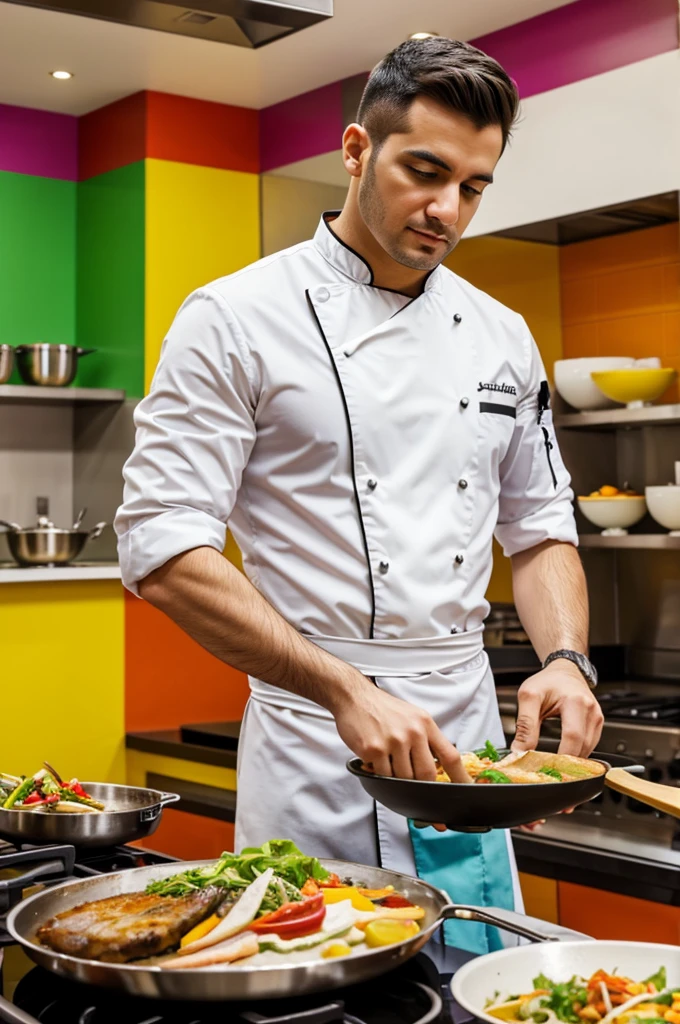 A professional male chef  cooking in a colorful restaurant