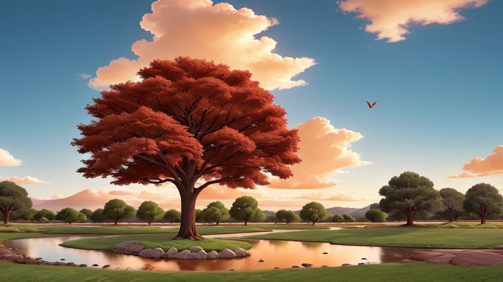 a landscape shaped in style, could be at sunrise or sunset. The sky is mainly warm colors like red and orange, with a large white sun located near the center. The tree stands alone, has broad foliage, located on the right side of the picture, could be an acacia tree or a type of grassland plant. Under the tree, There are other layers of soil and small plants, Gradually far away comes a stream of water that reflects the color of the sky. A flock of birds is flying, forming a scattered pattern in the sky above the tree. overall, The landscape conveys a moment of serenity and beauty in nature