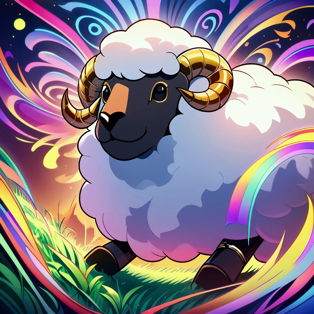 A dazzling, lively, award-winning masterpiece of a Fluffy sheep grazing on the grass, black nose, And excessive detail, Psychedelic style. Vibrant colors and dynamic movement showcase this lively spirit and cheerful breed. Unleash your creativity with the golden ratio, And watch the magic come to life in 4K resolution, Professional cinematic image.