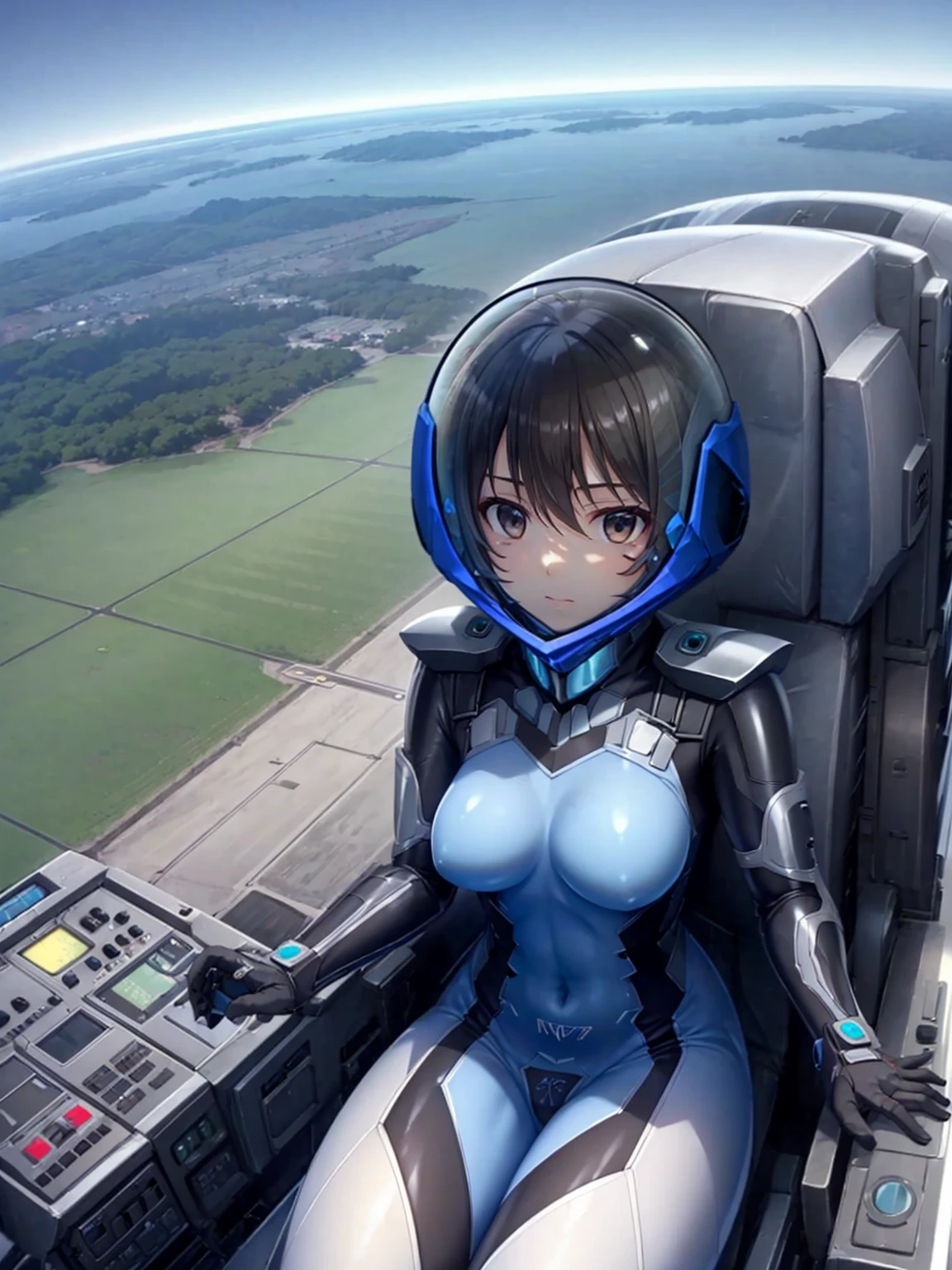 ((Female pilot in the cockpit of a reconnaissance plane), (airplane cockpit), (in flight), (10000 feet altitude)、(sky view):1.7),, short hair, street, emo, BLACK hair, white eyes, eyeliner, apocalypse, girl, nside the (cockpit:1.9) of a (futuristic spaceship:1.6), , blush,sitting on a chair, covered navel, space helmet, muvluv, space helm, plug suit , space helmet, eva helm, space suit, short hair,