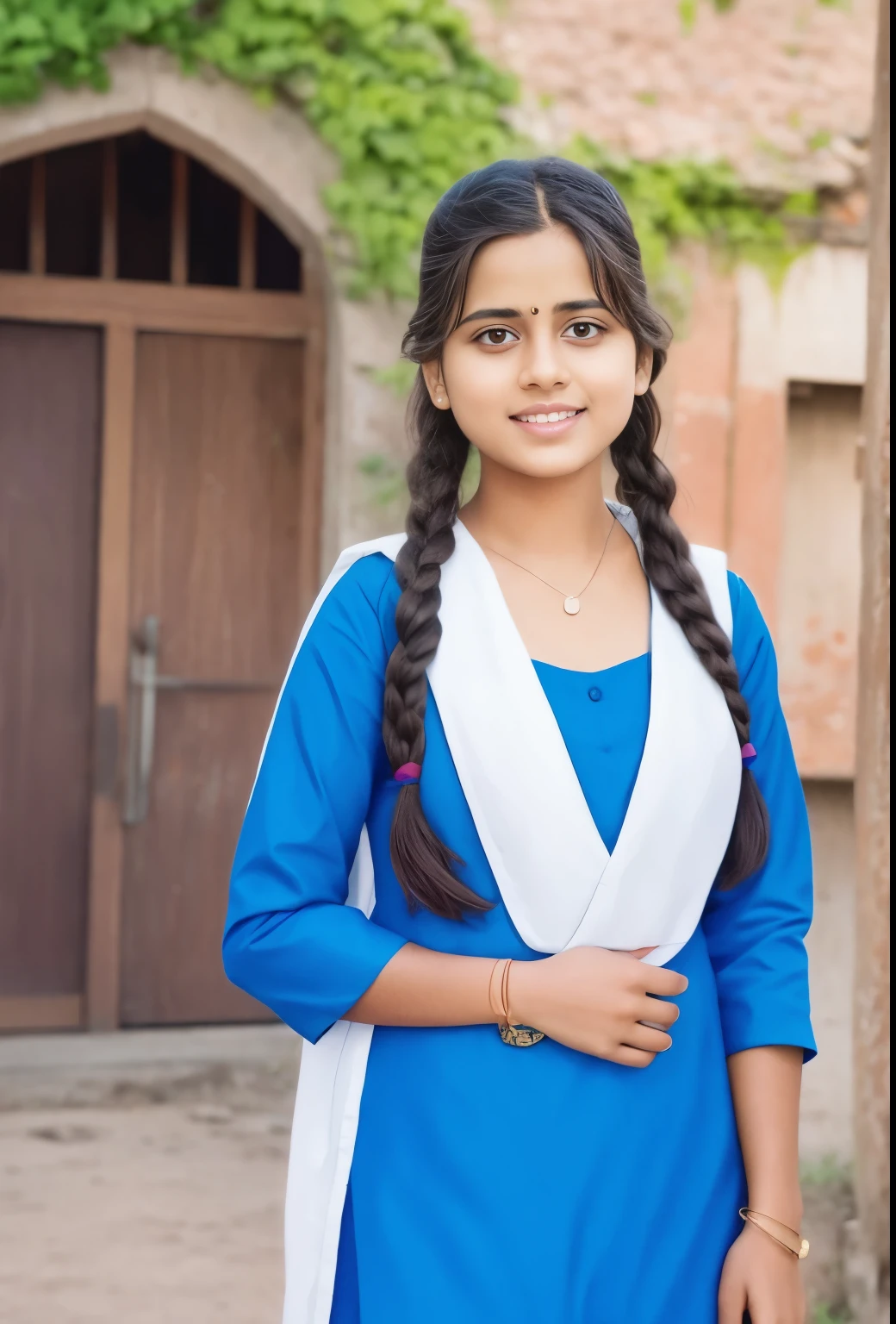 Raw photo , 1 girl ,Wearing salwar kameez uniform, teen school girl, with plait , professional photographer, (hdr:1.4), masterpiece, ultra-realistic 8k, perfect artwork, intrincate details, cute face, award winning photograph, (Best quality, 8k, 32k, Masterpiece, UHD:1.3)