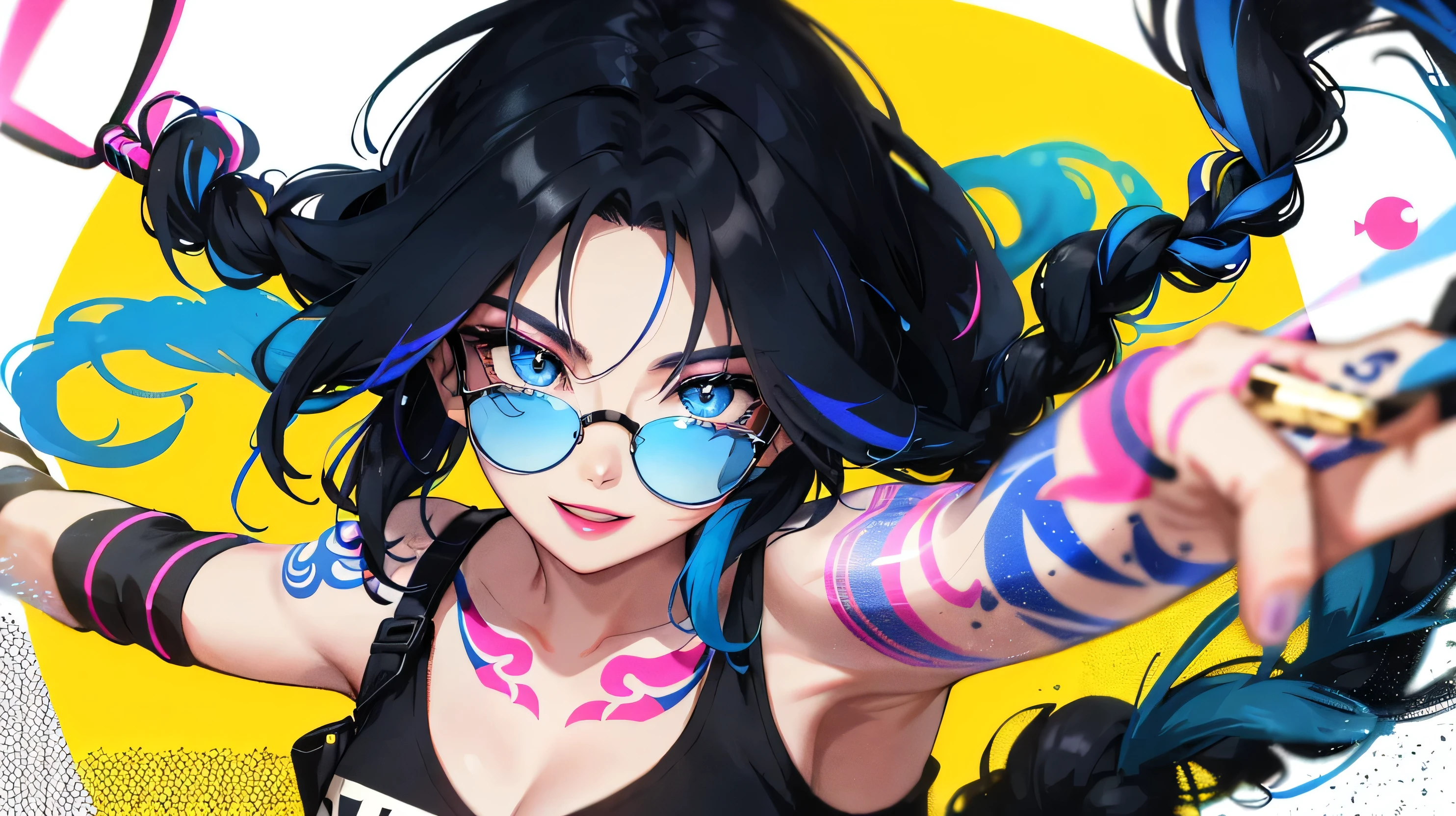 Woman (30 years: 1.0) with a tattoo type "VTAN" on his arm and in a black top, Black hair with blue streaks, braided into a tail. blue streaks on bangs, Modern style, Fan art of a city girl, blows pink bubblegum, Yellow, (round glasses with colored lenses: 1.0), Bright lipstick, Snide look, joyful smile