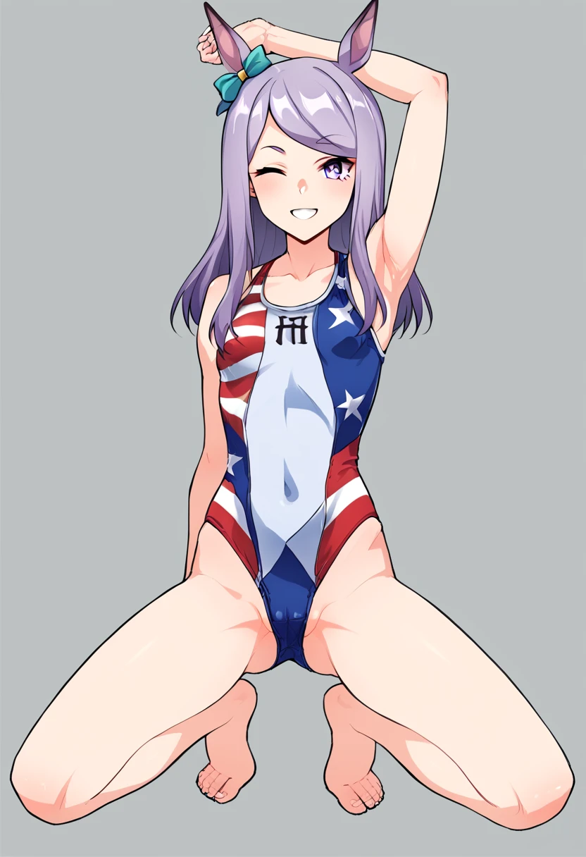 score_9,score_8_up,score_7_up,rating_explicit, source_anime, 1girl, solo, mejiro mcqueen \(umamusume\), looking at viewer, arm up, stretching, american flag swimsuit, american flag print, smile, winking