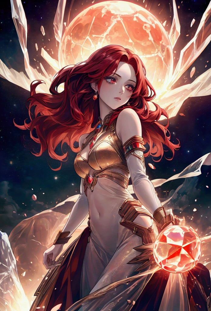 red hair, expressive hair, crystal hair, shiny hair, Surrealism, lens flare, Romanticism, 8k, super detail, UHD, masterpiece, accurate, anatomically correct, textured skin, super detail, high details, high quality, award winning, best quality, highres
A beautiful girl inspired by Mars, with medium-length red hair that flows like fire. She has a very beautiful face with a strong core, exuding an aura of nobility and strength. She is knowledgeable in mysterious things, giving her a mystical and wise appearance. The background features an abstract representation of fire, emphasizing her connection to the element of fire and the planet Mars.