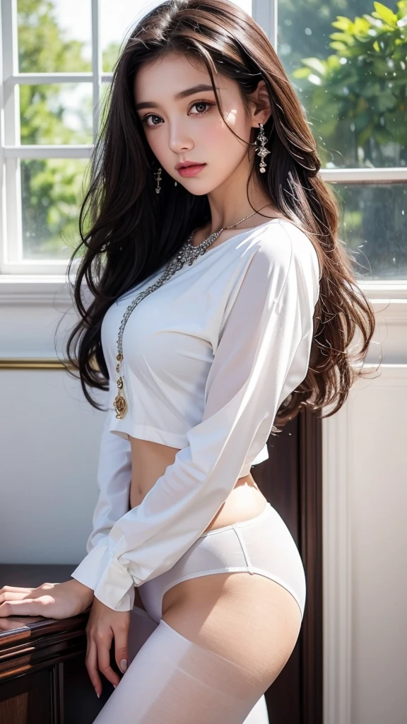 A superb exquisite real beauty girl, black long curly hair, exquisite facial features, peerless beauty, white shirt, black jeans, serious face, soft, dreamy quality, light white and dark brown, exaggerated facial features, solid color, frank off-white, surreal, blue gem necklace, ultra-clear, beautiful young girl, cute and lively, super short tights, background by the window