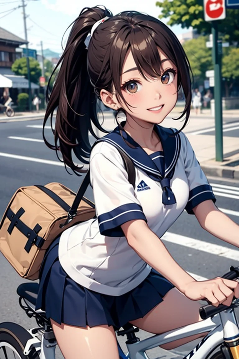Shiny brown hair, ponytail, Beautiful brown eyes、smile、Sparkling eyes, (fine grain)、Very fine eye、Highly detailed face, Highly detailed eyes, Short-sleeved white sailor suit、Navy blue mini pleated skirt、mini skirt、Bare thighs、((The perfect bike)) (masterpiece, Highest quality:1.2), reality、(One Girl Riding a Bicycle), alone、high school girl、、(NO BAG)、(whole)、(From diagonally ahead)、White-walled Japanese town