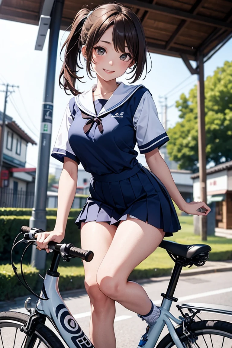 Shiny brown hair, ponytail, Beautiful brown eyes、smile、Sparkling eyes, (fine grain)、Very fine eye、Highly detailed face, Highly detailed eyes, Short-sleeved white sailor suit、Navy blue mini pleated skirt、mini skirt、Bare thighs、((The perfect bike)) (masterpiece, Highest quality:1.2), reality、(One Girl Riding a Bicycle), alone、high school girl、、(NO BAG)、(whole)、(From diagonally ahead)、White-walled Japanese town