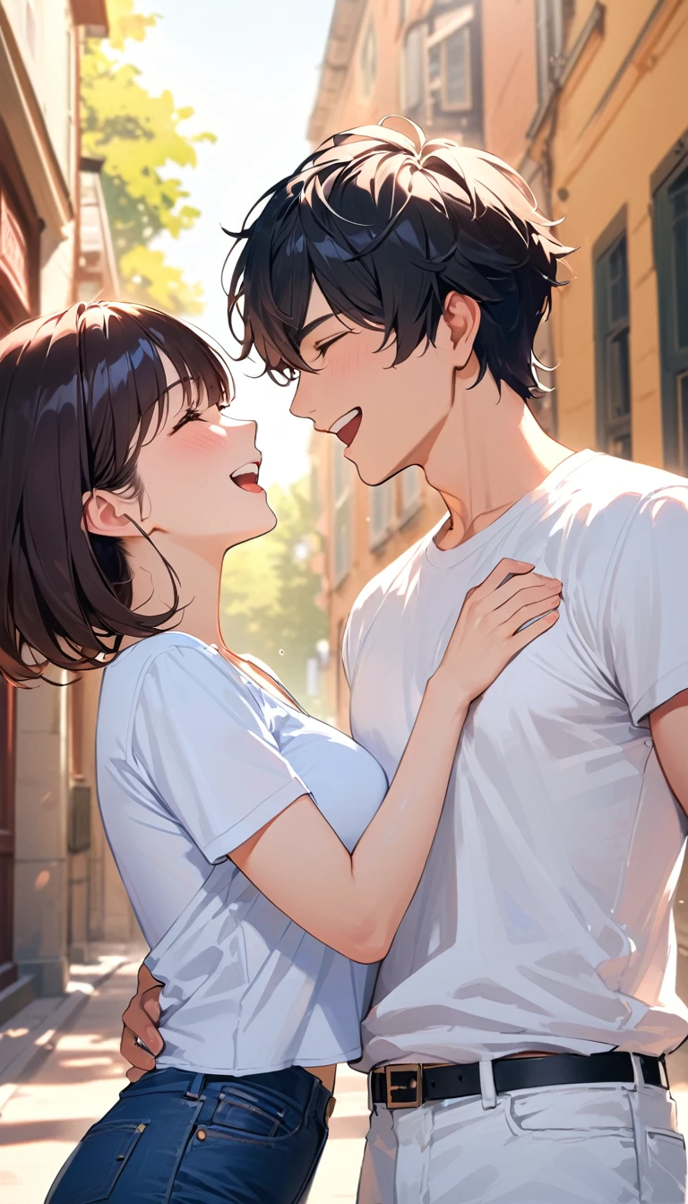 super detail, best quality, under the summer sun, a college couple, a man has short black hair, wears (a white T-shirt  and blue jeans) BREAKE a woman has a dark brown short bob haircut, wears (a light blue blouse and white pants),  facing each other and laughing happily in front of the university.