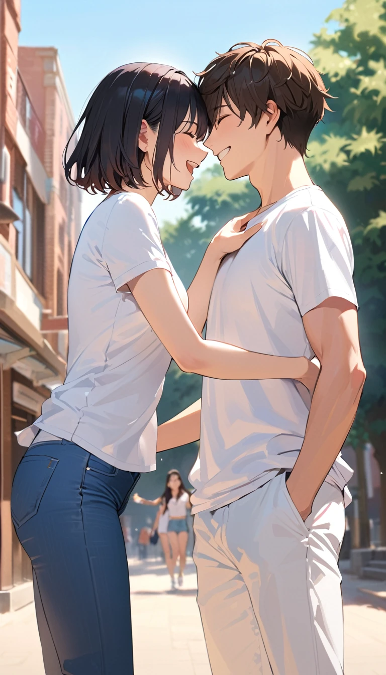 super detail, best quality, under the summer sun, a college couple, a man has short black hair, wears (a white T-shirt  and blue jeans) BREAKE a woman has a dark brown short bob haircut, wears (a light blue blouse and white pants),  facing each other and laughing happily in front of the university.