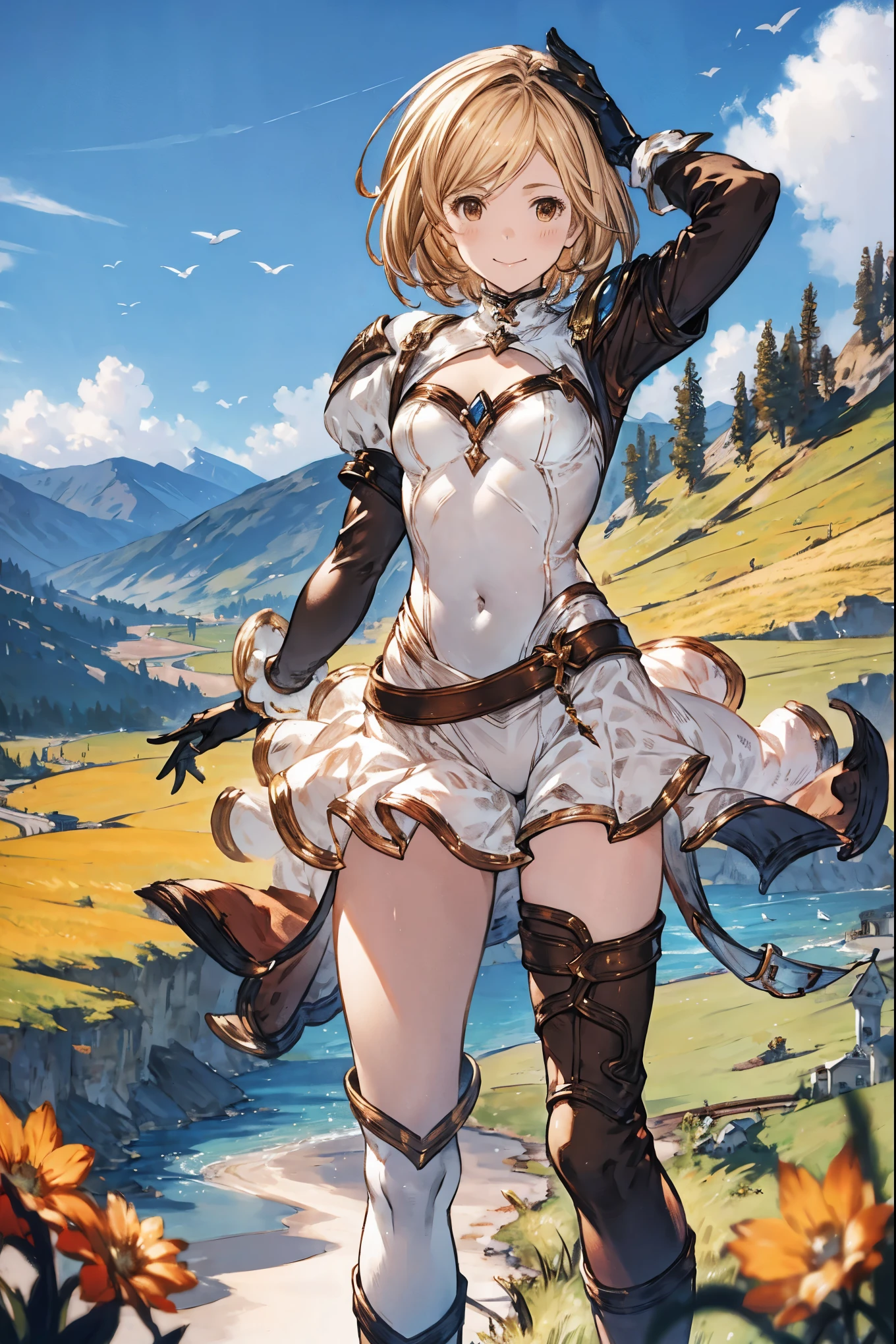 GRANBLUEfantasy,1ung_tegirl,brown_hair,medium_bob_hair,platina_blond_hair,white_leotard,covered_crotch,thigh-highs,smile,standing,bluesky_landscape_background,slightly_spread_legs,happiness, short_gloves ,solo, r18, navel,relicbuster,short,boots,