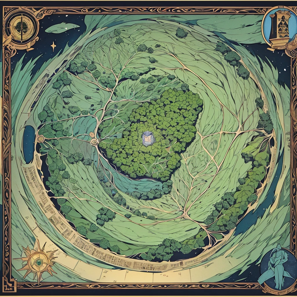Geographic map of the dark impenetrable forest where monsters live and many wild places, only the brave men who drew the map enter there.The herbalist collects herbs there. The forest itself is shaped like a medium-sized country and does not have straight lines along the contour. It is known that several rivers flow through the forest area., there is a waterfall. The lake, which is also located in the forest, is filled with light., in its center stands a statue of the goddess patroness of magic. The map itself is very ancient and looks like it was drawn by hand., because of this it is more schematic than detailed, traces of inscriptions are visible on it, but they have faded with time. The black and white card is similar to the schematic cards from The Lord of the Rings, drawn by the author
