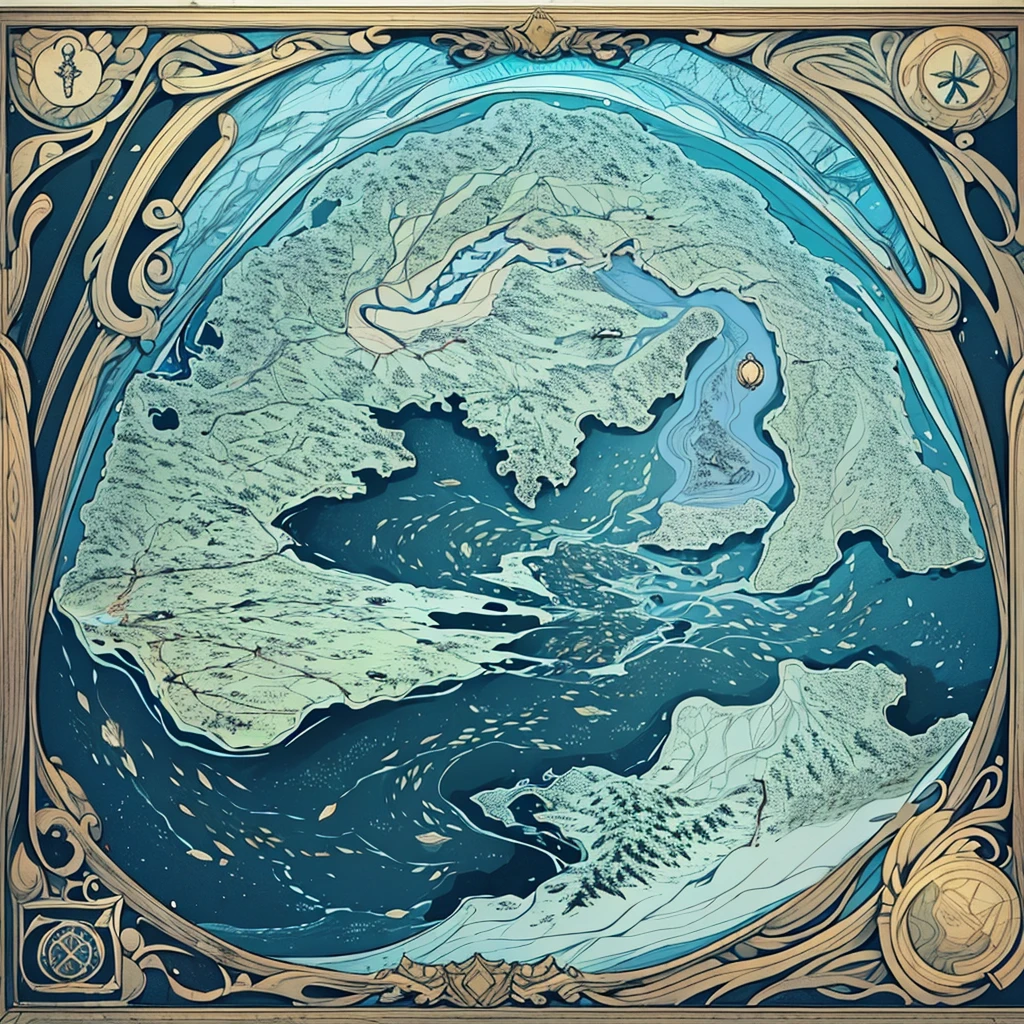 Geographic map of the dark impenetrable forest where monsters live and many wild places, only the brave men who drew the map enter there.The herbalist collects herbs there. The forest itself is shaped like a medium-sized country and does not have straight lines along the contour. It is known that several rivers flow through the forest area., there is a waterfall. The lake, which is also located in the forest, is filled with light., in its center stands a statue of the goddess patroness of magic. The map itself is very ancient and looks like it was drawn by hand., because of this it is more schematic than detailed, traces of inscriptions are visible on it, but they have faded with time. The black and white card is similar to the schematic cards from The Lord of the Rings, drawn by the author