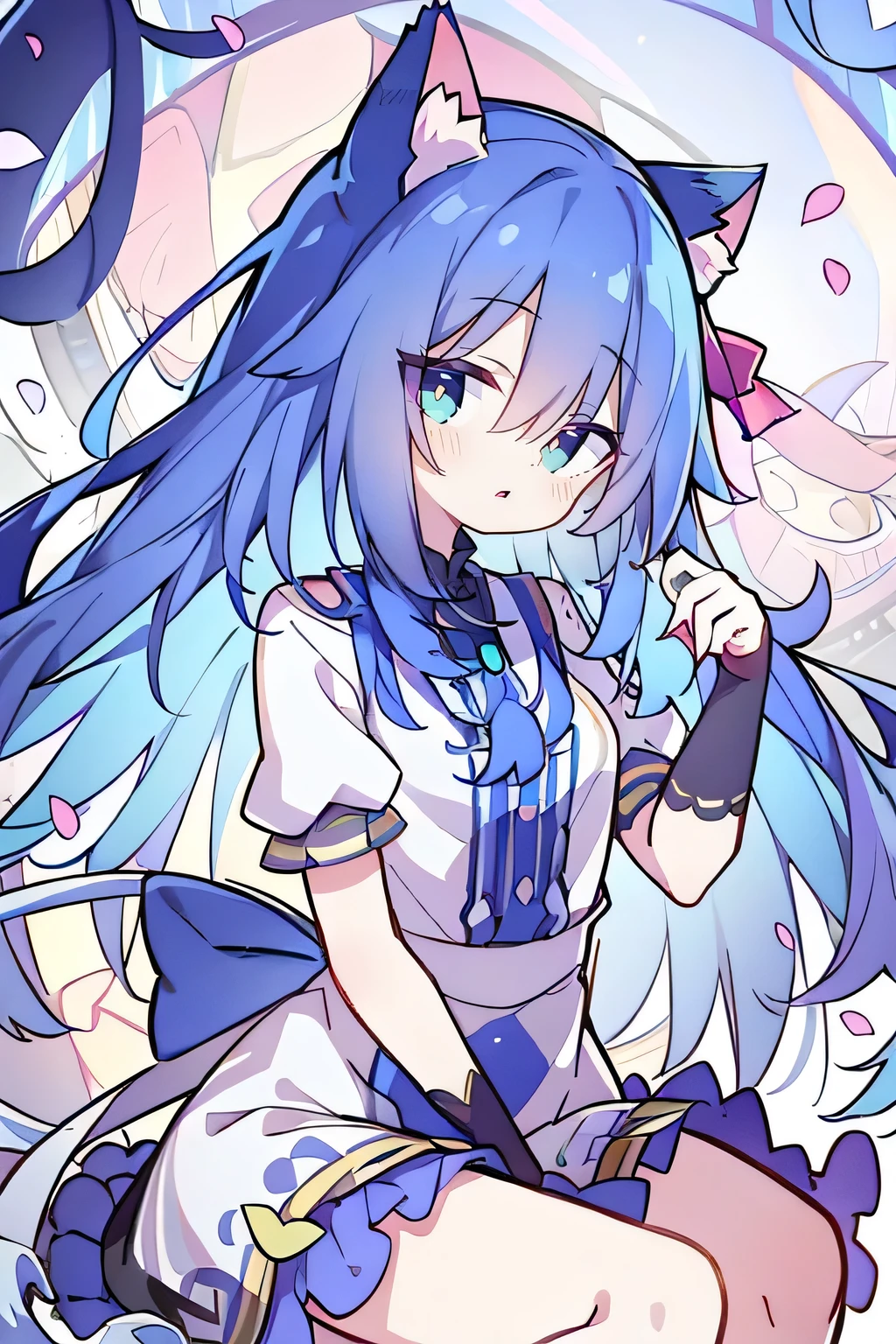 (masterpiece:1.2),Super detailed,lifelike,Expressive eyes,fair skin,perfect face shape,1 girl,
Japanese comics,Gorgeous blue hair,flowing blue hair,flowing clothes,Cat ears,Petals fall,beautiful lola,Baby Angel,
Shaking head with one hand,Cross your legs,,The pavilion is cool and comfortable,smile,back views,sunrise,Petals fall,sunrise
