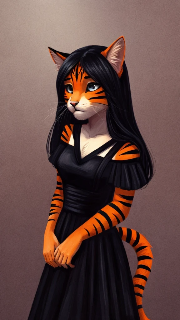 An orange pop singer feline with black stripes singing a sad song in her all black dress in a sad setting