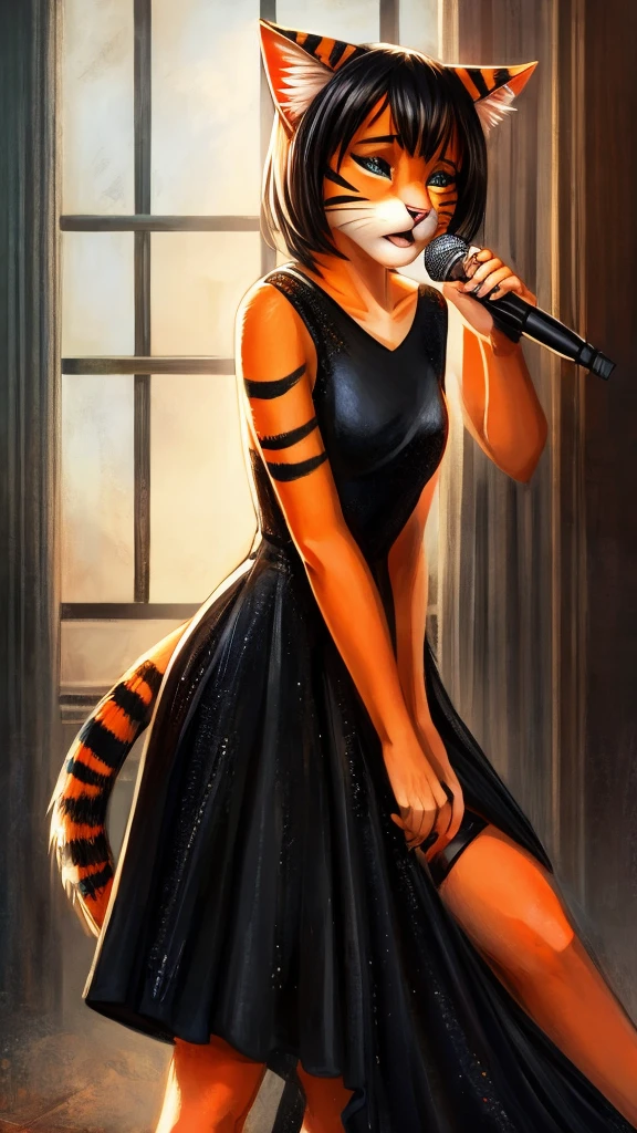 An orange pop singer feline with black stripes singing a sad song in her all black dress in a sad setting