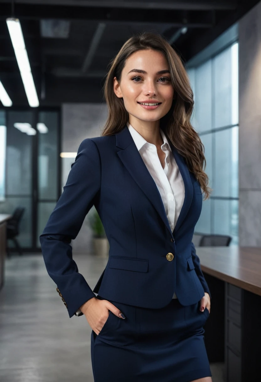 (wavy brunette perfect body Supermodel), wearing (navy blue business suit with skirt), pose with a slight smile, feminine fit detailed body and face and skin pores, highly detailed expressive, space above head, depth of field, skin details, office lights, ultra realistic, cinematic