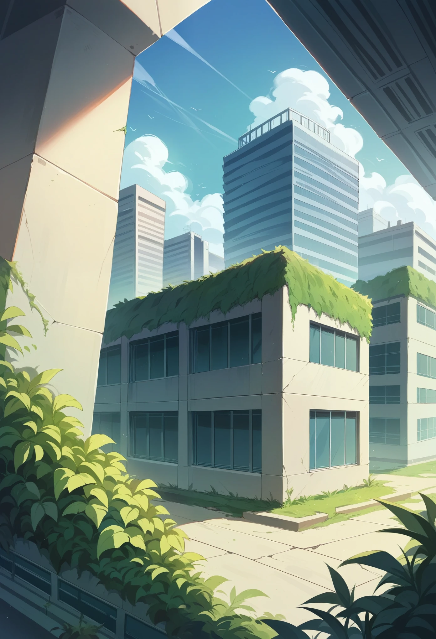 Wide shot of a futuristic school building surrounded by lush greenery, solar panels on the roof, and large windows reflecting sunlight.