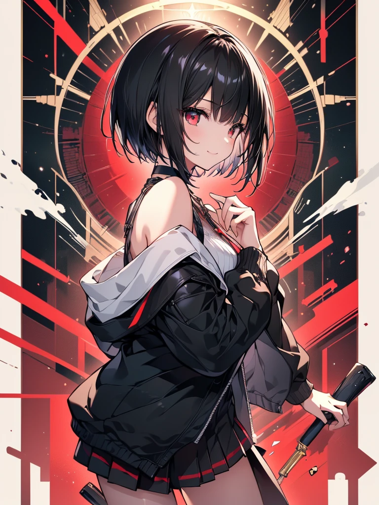 (masterpiece, highest quality, highest quality, (No text), Beautiful and aesthetic:1.2),No text,アニメ、BREAK,One Girl,Black Hair Girl short hair older sister choker Beautiful eyes Red eyes cool smile Red and Black Black jacket profile mini skirt whole body In town