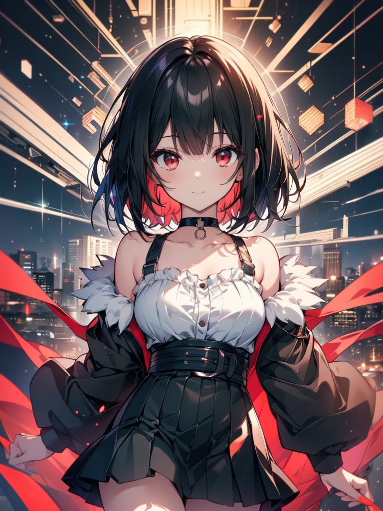 (masterpiece, highest quality, highest quality, (No text), Beautiful and aesthetic:1.2),No text,アニメ、BREAK,One Girl,Black Hair Girl short hair older sister choker Beautiful eyes Red eyes cool smile Red and Black Black jacket profile mini skirt whole body In town