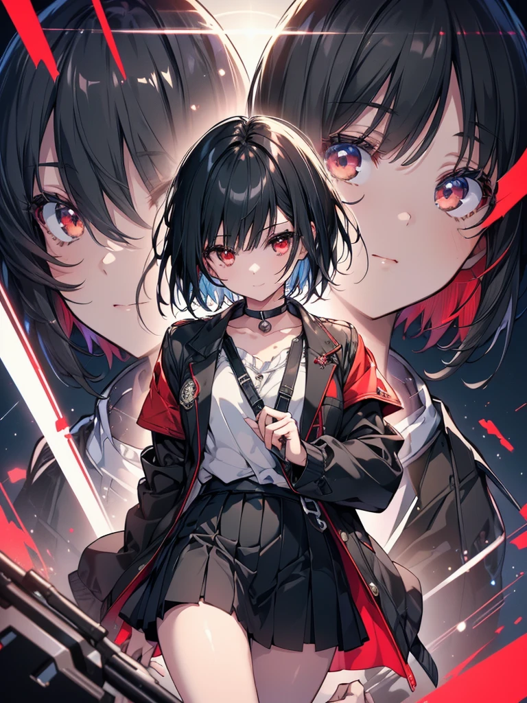 (masterpiece, highest quality, highest quality, (No text), Beautiful and aesthetic:1.2),No text,アニメ、BREAK,One Girl,Black Hair Girl short hair older sister choker Beautiful eyes Red eyes cool smile Red and Black Black jacket profile mini skirt whole body In town