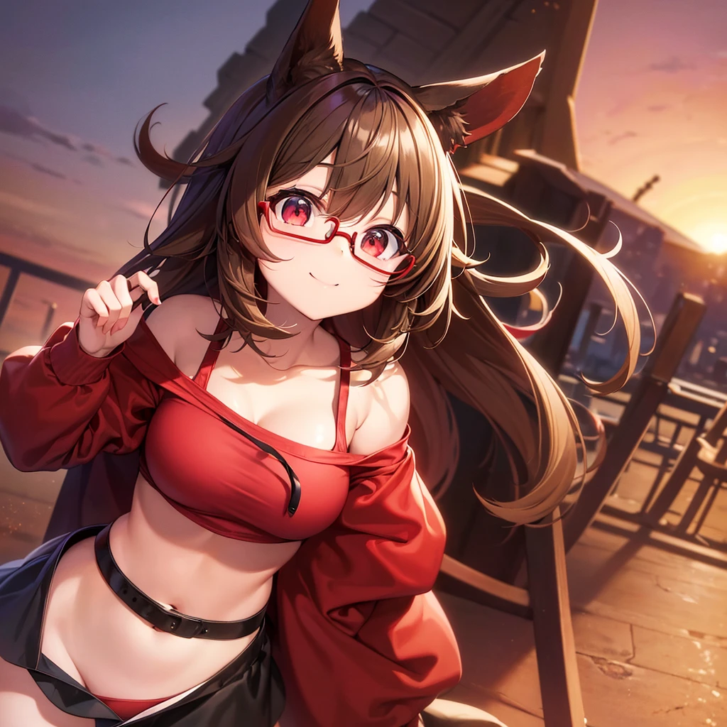 1People Girls、Light brown short hair with outward curlischievous Smile、Red Eyes、Animal Ears、Red Glasses、Big breasts wearing black and red hoodie、Black Skirt、Free Pose、Under the sunset sky