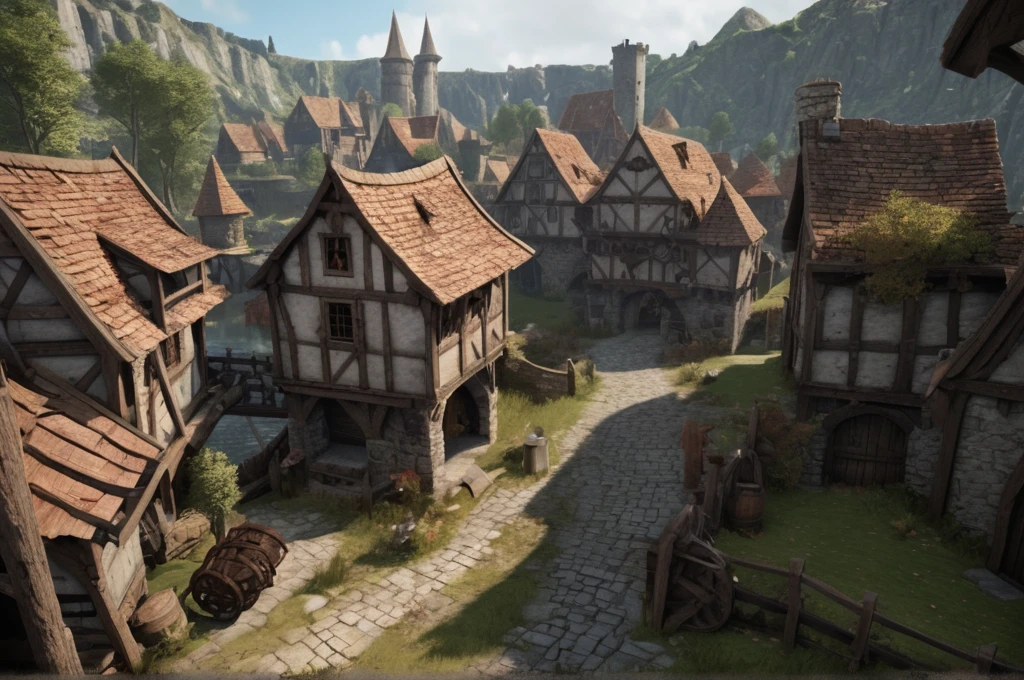 8k, masterpiece, best quality, realistic, higly detailed, landscape, dnd, d&d, dungeons and dragons, dungeons & dragons, rpg, ttrp, medieval town, with a port