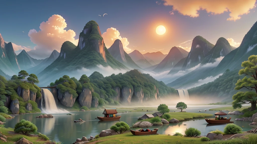 The image you’ve described depicts a traditional East Asian landscape painting. It features misty mountains with sharp peaks, some partially obscured by clouds or fog. A waterfall cascades down one of the mountains. In the foreground, there are two small boats on what appears to be a calm body of water. Birds are in flight throughout the scene, and there is an orange sun or moon hanging low in the sky, suggesting either dawn or dusk. The painting’s use of soft colors and blurred lines gives it a tranquil and ethereal quality. Đẹp
