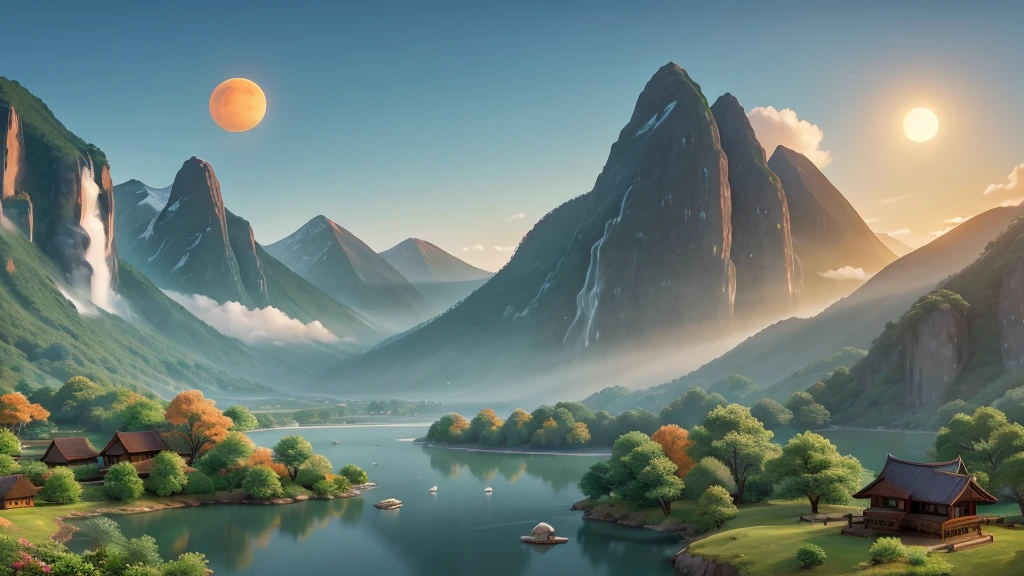 The image you’ve described depicts a traditional East Asian landscape painting. It features misty mountains with sharp peaks, some partially obscured by clouds or fog. A waterfall cascades down one of the mountains. In the foreground, there are two small boats on what appears to be a calm body of water. Birds are in flight throughout the scene, and there is an orange sun or moon hanging low in the sky, suggesting either dawn or dusk. The painting’s use of soft colors and blurred lines gives it a tranquil and ethereal quality. Đẹp
