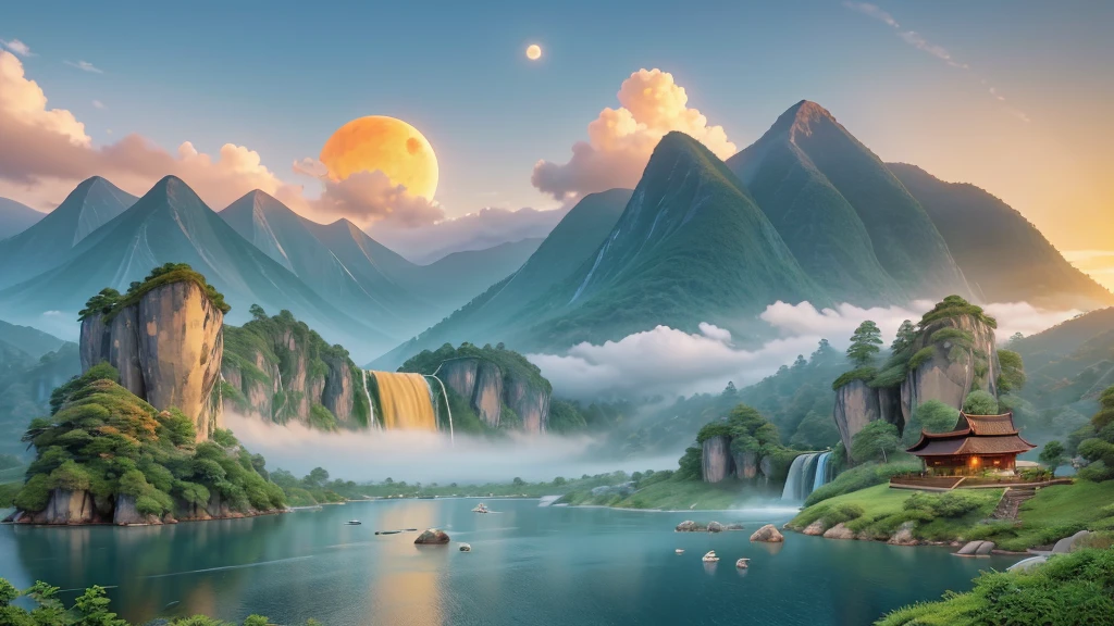  The image you’ve described depicts a traditional East Asian landscape painting. It features misty mountains with sharp peaks, some partially obscured by clouds or fog. A waterfall cascades down one of the mountains. In the foreground, there are two small boats on what appears to be a calm body of water. Birds are in flight throughout the scene, and there is an orange sun or moon hanging low in the sky, suggesting either dawn or dusk. The painting’s use of soft colors and blurred lines gives it a tranquil and ethereal quality. Đẹp