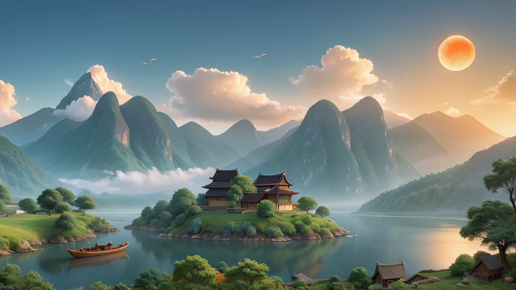 The image you’ve described depicts a traditional East Asian landscape painting. It features misty mountains with sharp peaks, some partially obscured by clouds or fog. A waterfall cascades down one of the mountains. In the foreground, there are two small boats on what appears to be a calm body of water. Birds are in flight throughout the scene, and there is an orange sun or moon hanging low in the sky, suggesting either dawn or dusk. The painting’s use of soft colors and blurred lines gives it a tranquil and ethereal quality. Đẹp