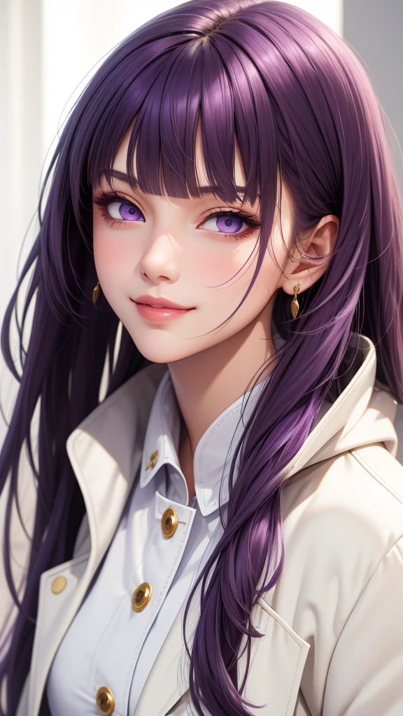 (masterpiece, best quality), intricate details, thin, ((slim)), beautiful girl, purple hair, blunt bangs, light purple eyes, sharp jawline, white coat, long hair, lips, upper body, close up, smirk