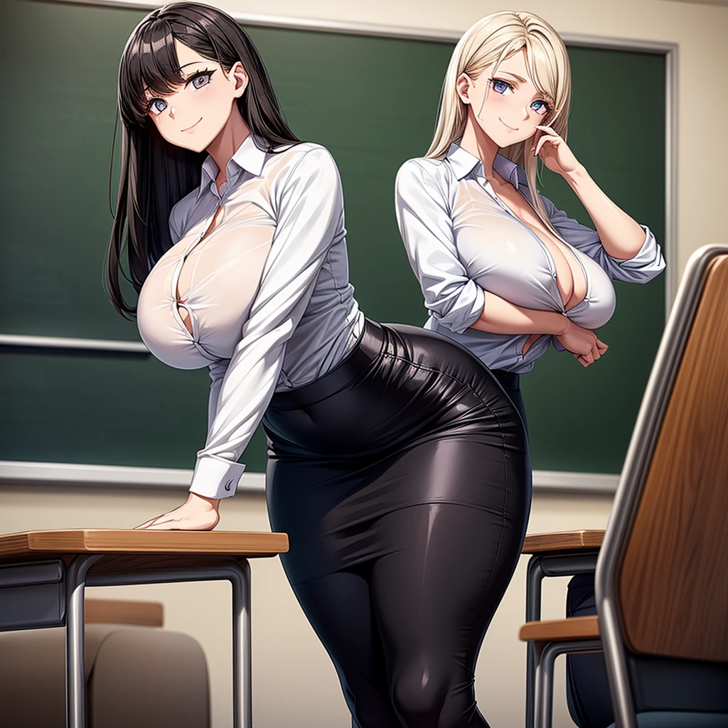 Top quality, classroom, female teacher, beautiful face, beautiful eyes, sharp eyes, intelligent features, huge breasts, curvaceous, narrow waist, white shirt, black tight skirt, after the fact, disheveled hair, disheveled clothes, sweat , bewitching smile,