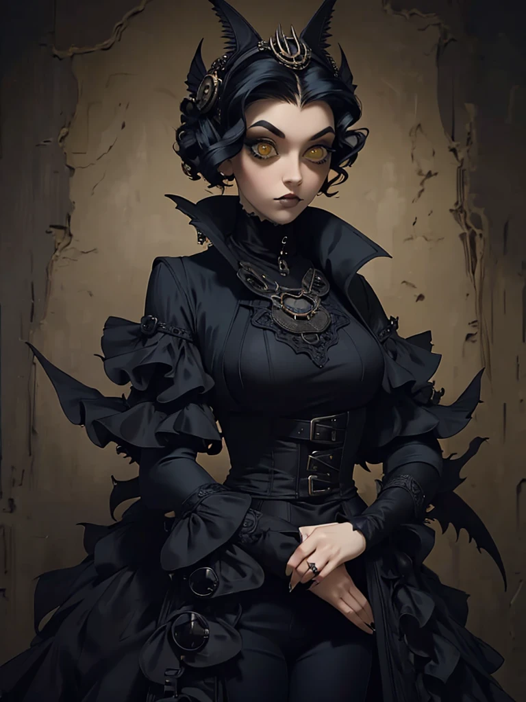 araffe dressed in a yellow coat and black pants posing for a picture, a portrait by Mab Graves, tumblr, gothic art, pale goth beauty, victorian goth, dieselpunk look, glamourous cosplay, very beautiful goth top model, goth chic, steampunk clothes, goth style, androgynous vampire, beautiful androgynous prince, gothic outfit, dystopian scifi outfit