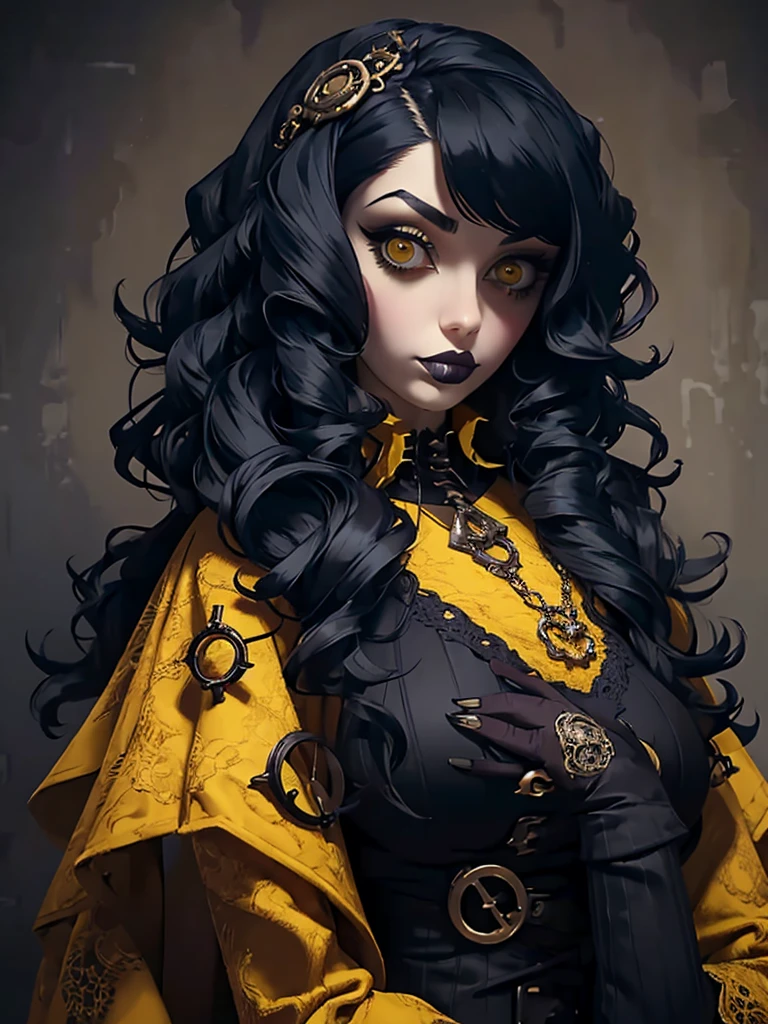araffe dressed in a yellow coat and black pants posing for a picture, a portrait by Mab Graves, tumblr, gothic art, pale goth beauty, victorian goth, dieselpunk look, glamourous cosplay, very beautiful goth top model, goth chic, steampunk clothes, goth style, androgynous vampire, beautiful androgynous prince, gothic outfit, dystopian scifi outfit