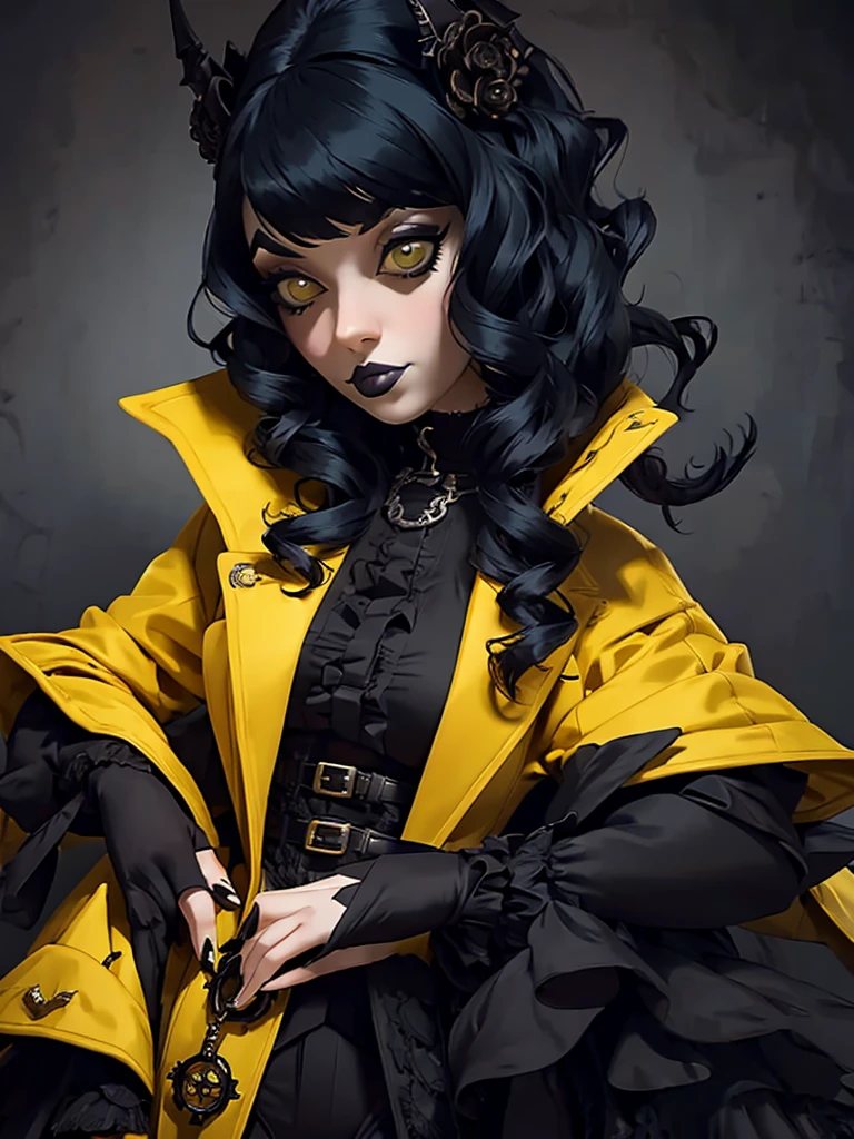 araffe dressed in a yellow coat and black pants posing for a picture, a portrait by Mab Graves, tumblr, gothic art, pale goth beauty, victorian goth, dieselpunk look, glamourous cosplay, very beautiful goth top model, goth chic, steampunk clothes, goth style, androgynous vampire, beautiful androgynous prince, gothic outfit, dystopian scifi outfit