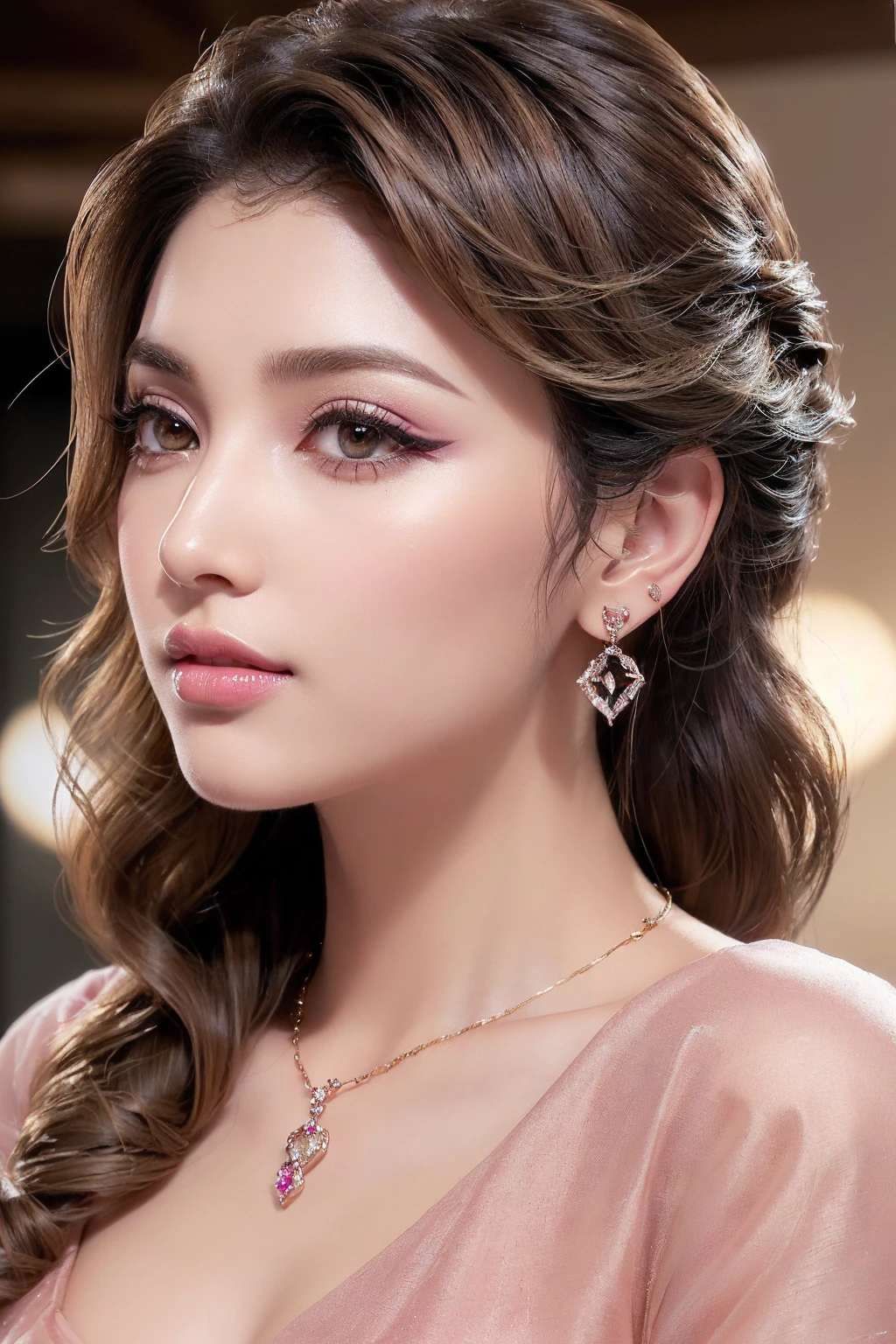 ((Make your subject look three-dimensional with the contrast of light and shadow)), photorealistic Realism 8K, 16K, Quality, (1woman:1.4, 24yo), (realistic proportional body, anatomically correct:1.3), best high quality real texture skin, best high quality real texture hair, (blonde hair((wavy combed up, behind the ear:1.26)), ultra detailed:1.2), elegant designer saree, matching blouse and fashion accessories, ((earrings and heart shaped diamond necklace)), indoors, night time, dslr, best high quality((soft cinematic lighting, sharp focus captured by Fujifilm XT3, f 5.6, focus on cute girl and decorations on realistic architecture, perfect composition)), ((brown_eyes:1.3)), (light pale complexion), detailed lips, Double eyelids, (pink_makeup), (long eyeliner), (perfect dark_eyeshadows, (Detailed nose:1.2), perfect composition, ((close up of a woman's eyes:1.45)),