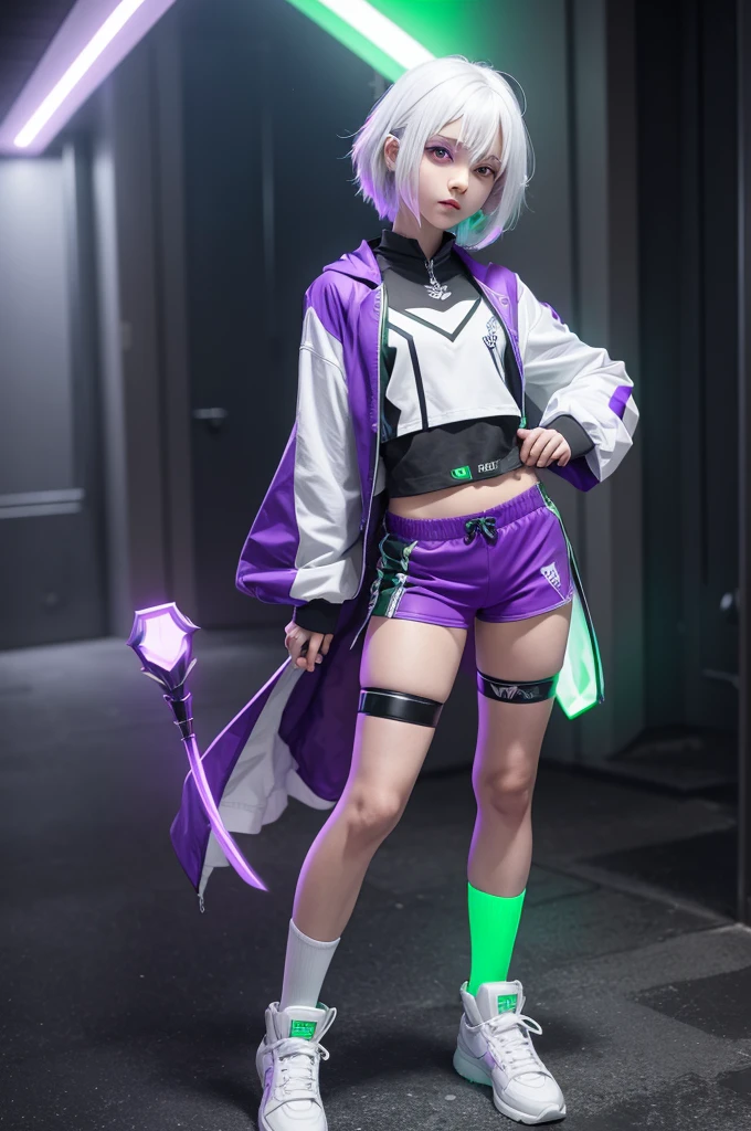 I want a character with white hair and glowing purple eyes with a green chest and white shorts and black shoes 