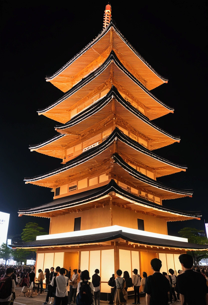 Japan、Festivals、Bon dance tower built twice、No roof、wooden、night、Big drum、kitsch、high tech、The plaza surrounding the stage、distinct、Cinematic、Anime influences、ultra modern、Sharp Focus、landscape、