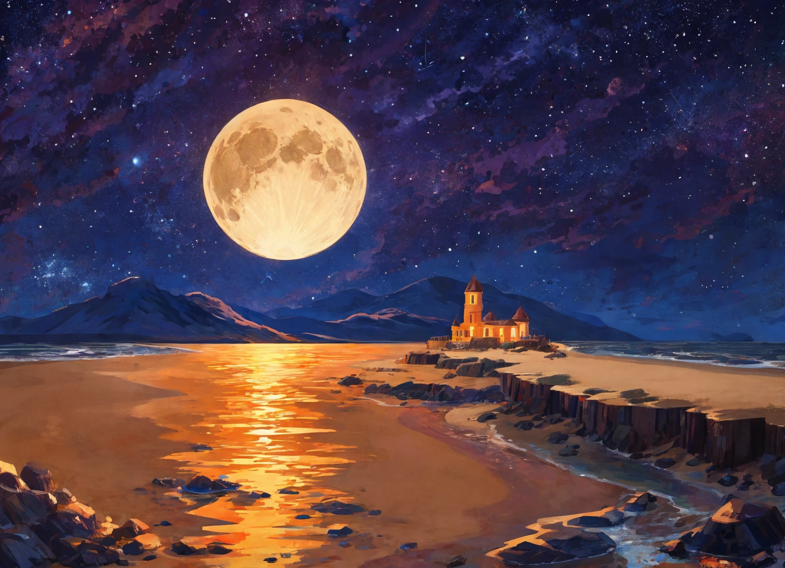 Transition at the beach Express the cycle of day and night at the beach by using contrasting colors. Sunset images use warm colors to convey the energy and activity of the evening. While the moonrise uses cool colors to convey the tranquility and reflection of the night through these works. Viewers will completely experience the beauty and nuances of natural transformation. Draw a picture of cool colors and warm colors mixed together. make geometric shapes