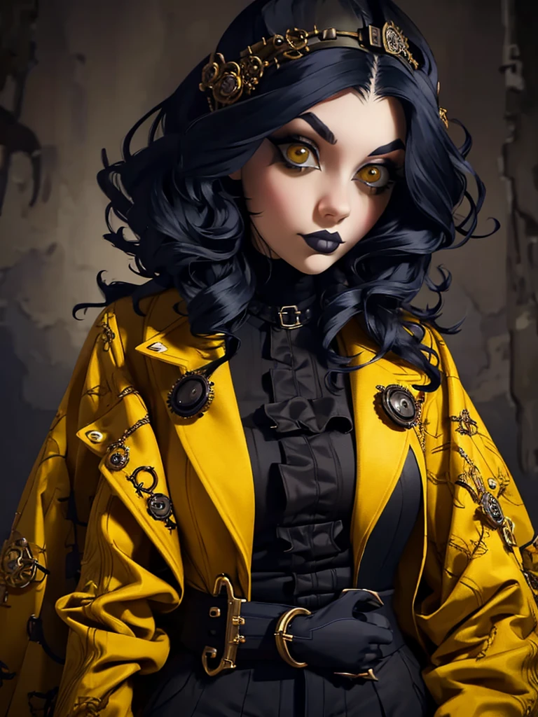 araffe dressed in a yellow coat and black pants posing for a picture, a portrait by Mab Graves, tumblr, gothic art, pale goth beauty, victorian goth, dieselpunk look, glamourous cosplay, very beautiful goth top model, goth chic, steampunk clothes, goth style, androgynous vampire, beautiful androgynous prince, gothic outfit, dystopian scifi outfit