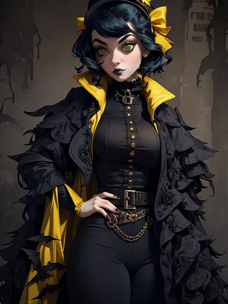 araffe dressed in a yellow coat and black pants posing for a picture, a portrait by Mab Graves, tumblr, gothic art, pale goth beauty, victorian goth, dieselpunk look, glamourous cosplay, very beautiful goth top model, goth chic, steampunk clothes, goth style, androgynous vampire, beautiful androgynous prince, gothic outfit, dystopian scifi outfit
