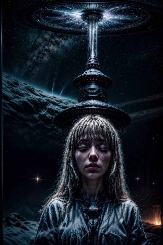 a cabin in space, sleeping person, spiritual projection, spiritual dimension, aura energy, celestial light, person flying in the starry sky, universe, intricate details, hyperrealistic, 8k, highly detailed, cinematic lighting, vibrant colors, serene atmosphere, dreamlike, mystical, transcendent, ethereal, otherworldly, stunning, awe-inspiring