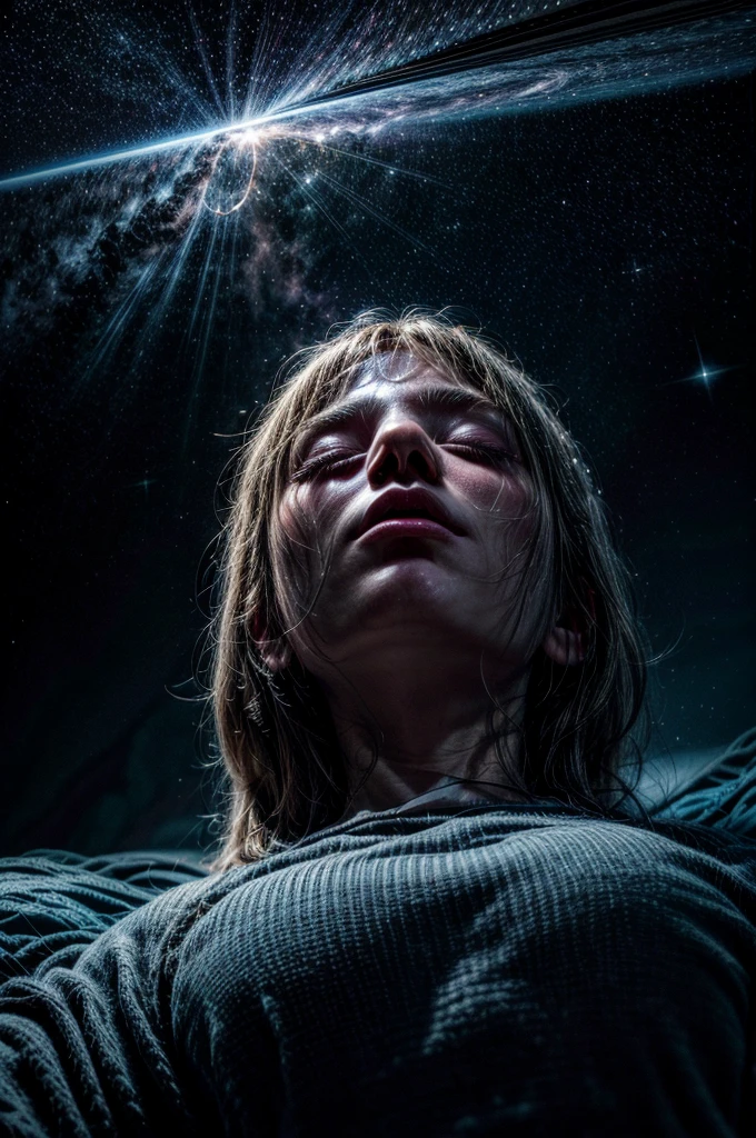 a cabin in space, sleeping person, spiritual projection, spiritual dimension, aura energy, celestial light, person flying in the starry sky, universe, intricate details, hyperrealistic, 8k, highly detailed, cinematic lighting, vibrant colors, serene atmosphere, dreamlike, mystical, transcendent, ethereal, otherworldly, stunning, awe-inspiring