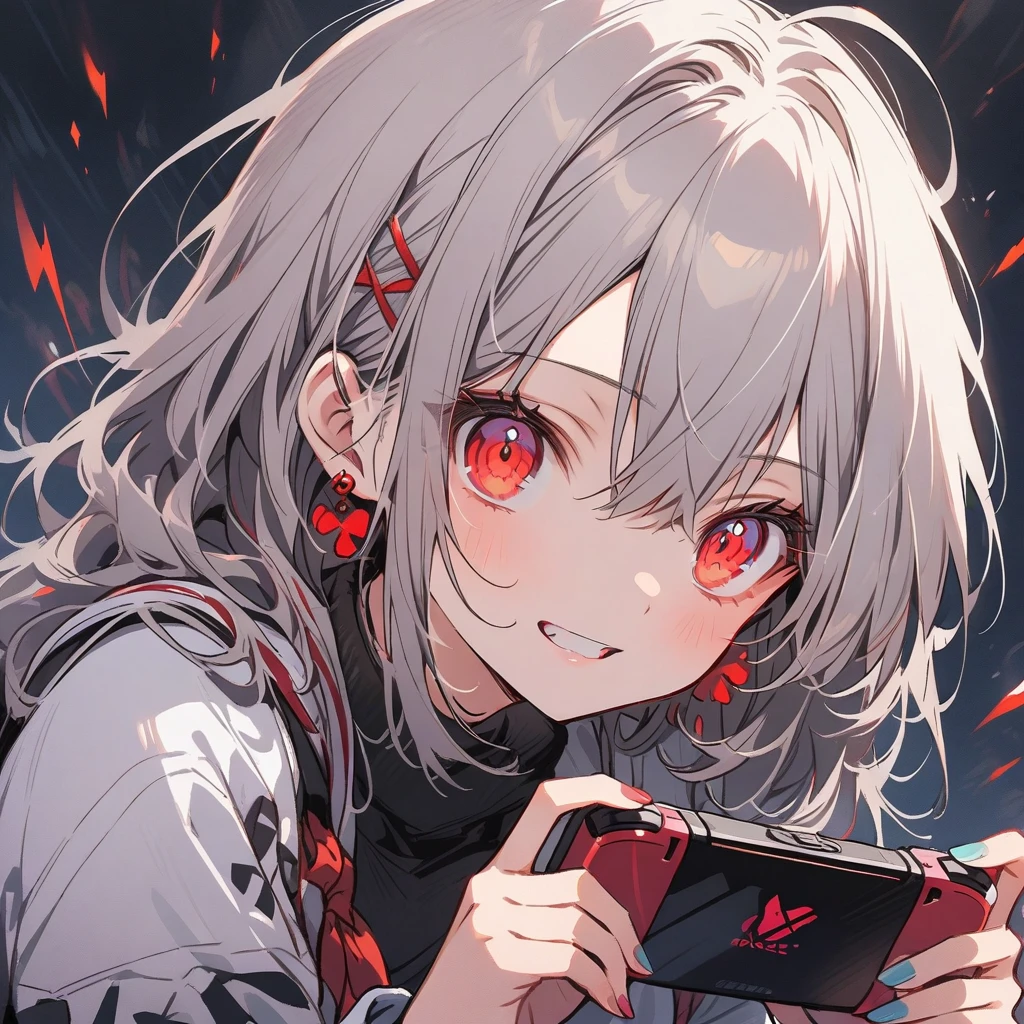 A beautiful gray-haired girl with red eyes, playing a video game