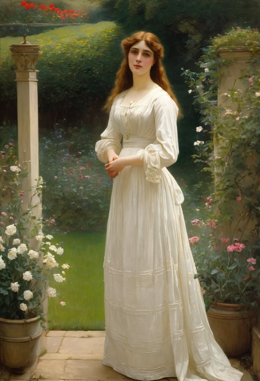 Pre-Raphaelite painting of a woman in a white dress standing in a garden, in a garden, in a garden, Auguste Toulmouch, Jean-Paul Laurens, after Jean-Paul Laurens, Jules Robert Auguste, in a garden, Antonio Cisery, Eugène von Guerard, Eugène Leroy, Louise Catherine Breslau